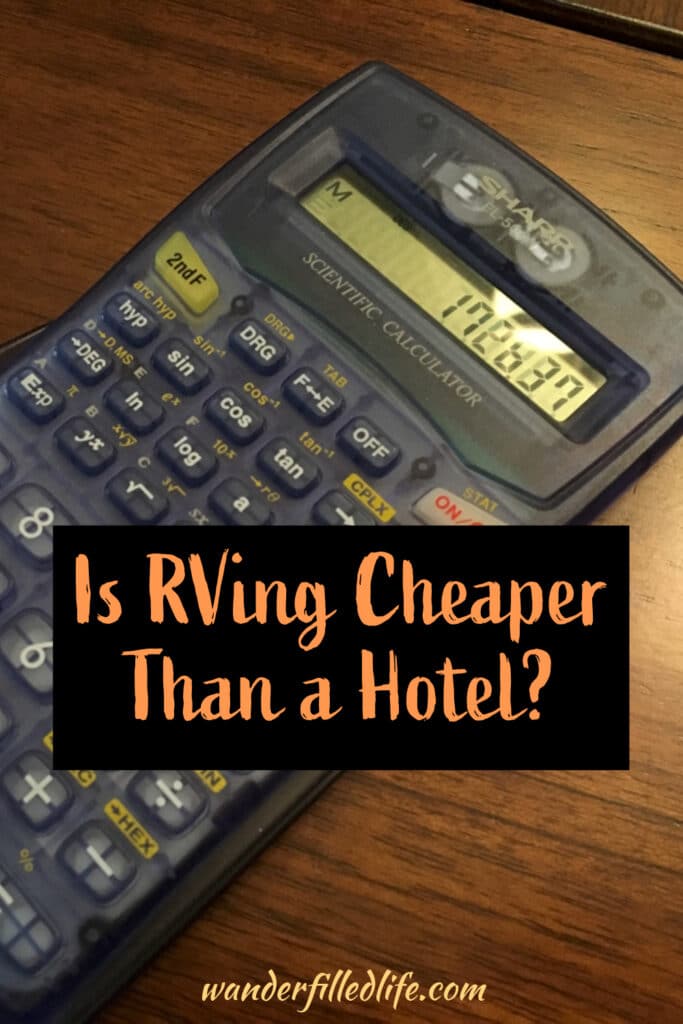 Photo with text overlay. The picture shows a calculator on a table. Text overlay reads Is RVing Cheaper than a Hotel?