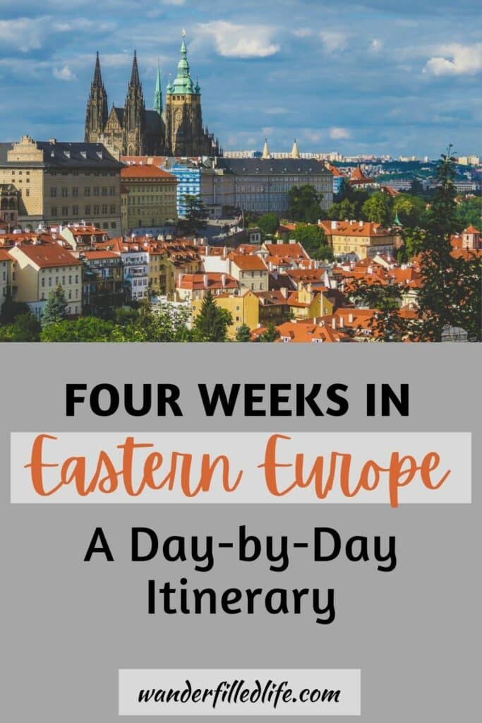 Photo with text. Photo on top shows a city skyline with spires rising above the other buildings. Text reads Four Weeks in Eastern Europe Day by Day Itinerary.
