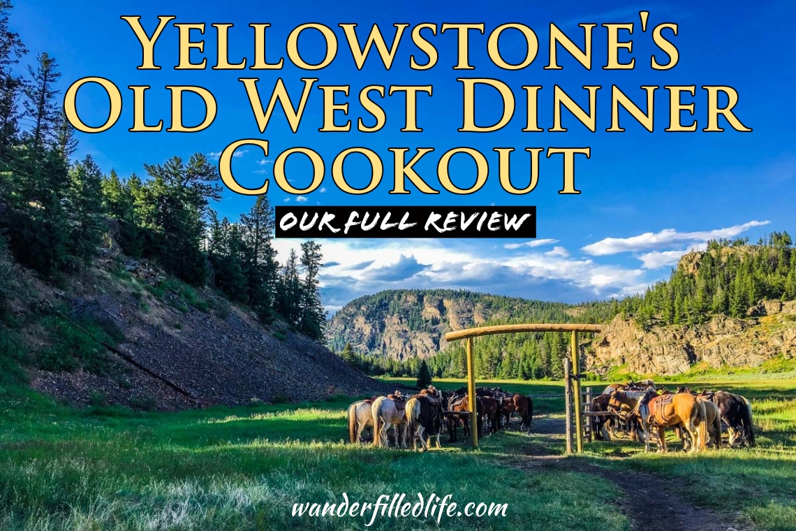Image with text overlay. Image shows several horses tied up on a post in a valley. Text reads Yellowstone's Old West Dinner Cookout Our Full Review.