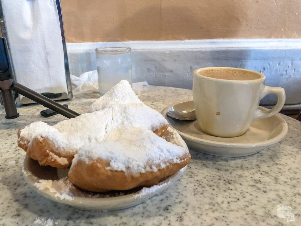 Beignets and cafe au lait at Cafe Du Monde in New Orleans.