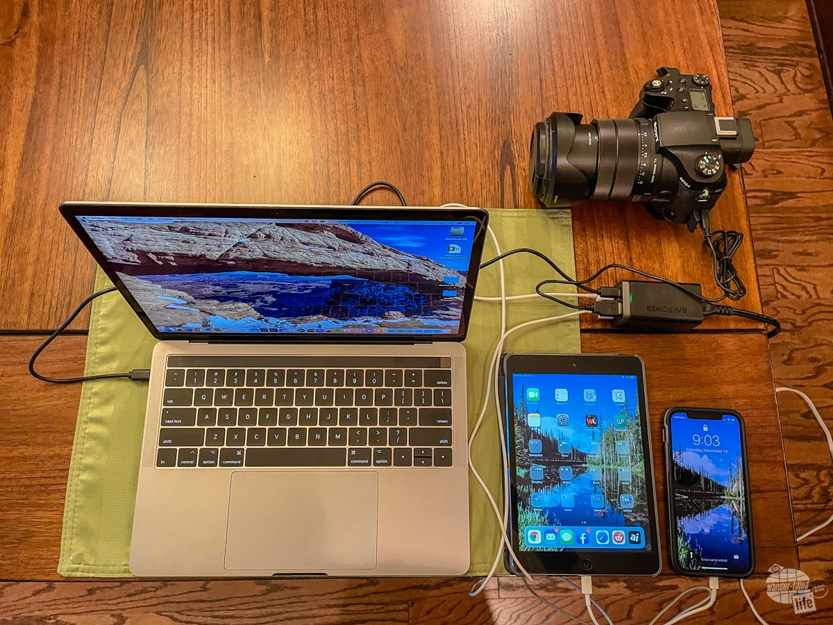 With 65 watts of power, two USB-C ports and two USB-A ports, I can charge my iPhone 12 Pro, iPad Mini, Macbook pro and Sony RX10 at the same time.