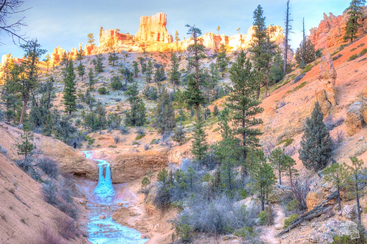 Frozen waterfall near Mossy Cave at Bryce Canyon in December.