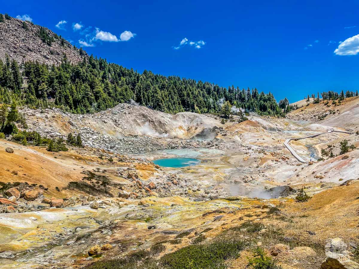 Bumpass Hell is one of the best things of what to see at Lassen Volcanic National Park. The image has a barren landscape of pinks and yellows with a turquoise blue pool in the distance. Above the thermal features is a wood line of pine trees. Steam is rising from various thermal vents.