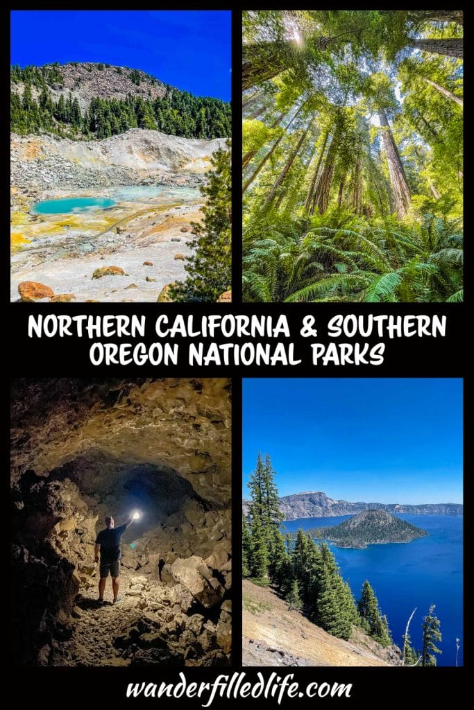 Photo collage with text overlay. Top left photo shows a bright blue thermal pool. Top right photo shows the tops of a Redwood forest. Bottom left photo shows a man holding a light in a cave. Bottom right photo shows a deep blue lake with an island. Text reads Northern California & Southern Oregon National Parks. 