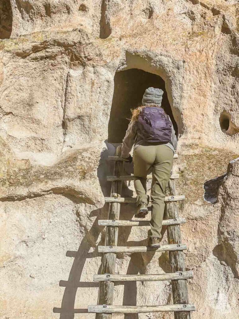 Bonnie climbs a wooden ladder to see inside an Ancestral Puebloan cliff dwelling.