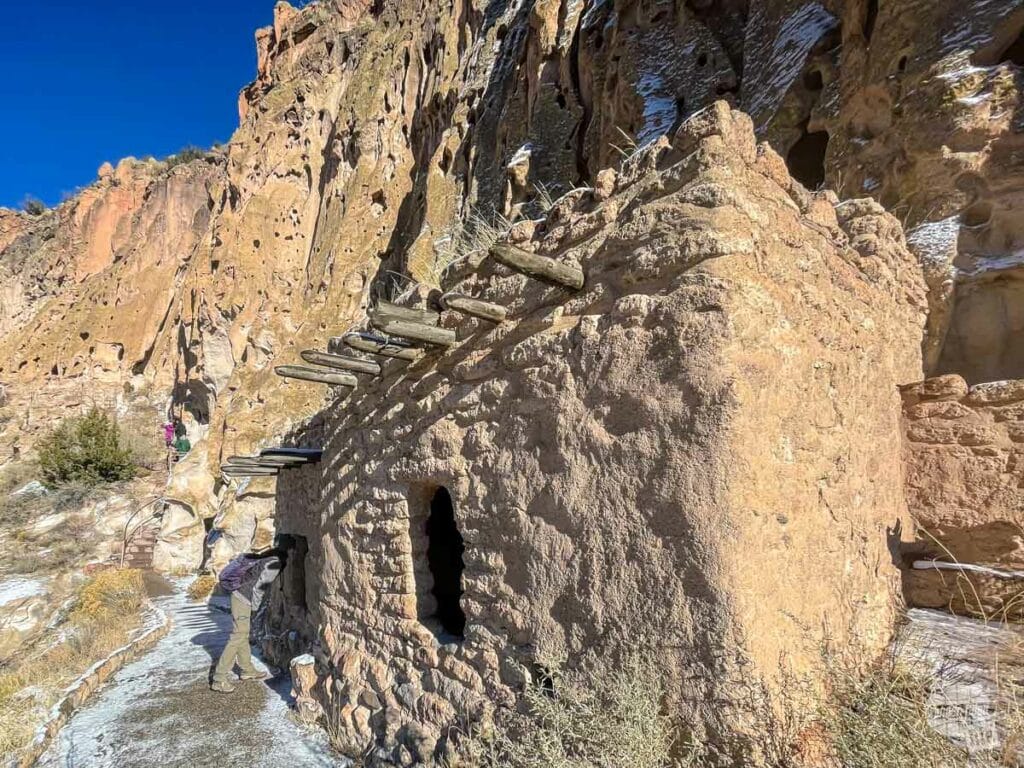 A cliff dwelling built up against the cliff wall.