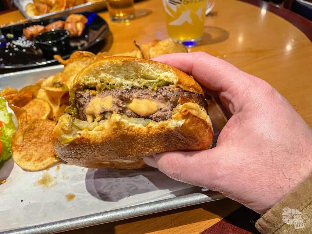 The green chile cheeseburger, stuffed with gooey cheese.