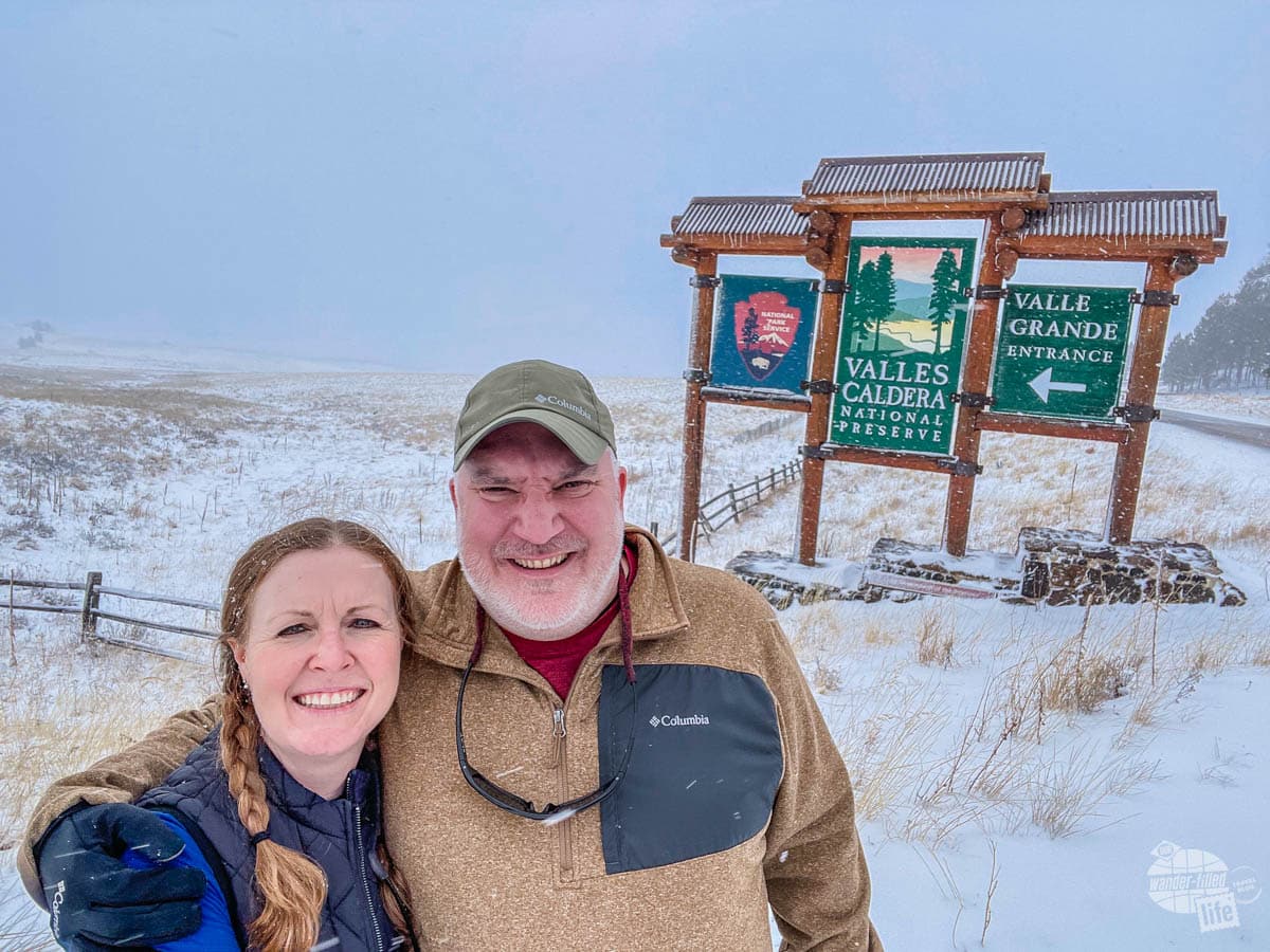 Grant and Bonnie pose in the snow at Valles Caldera National Preserve.