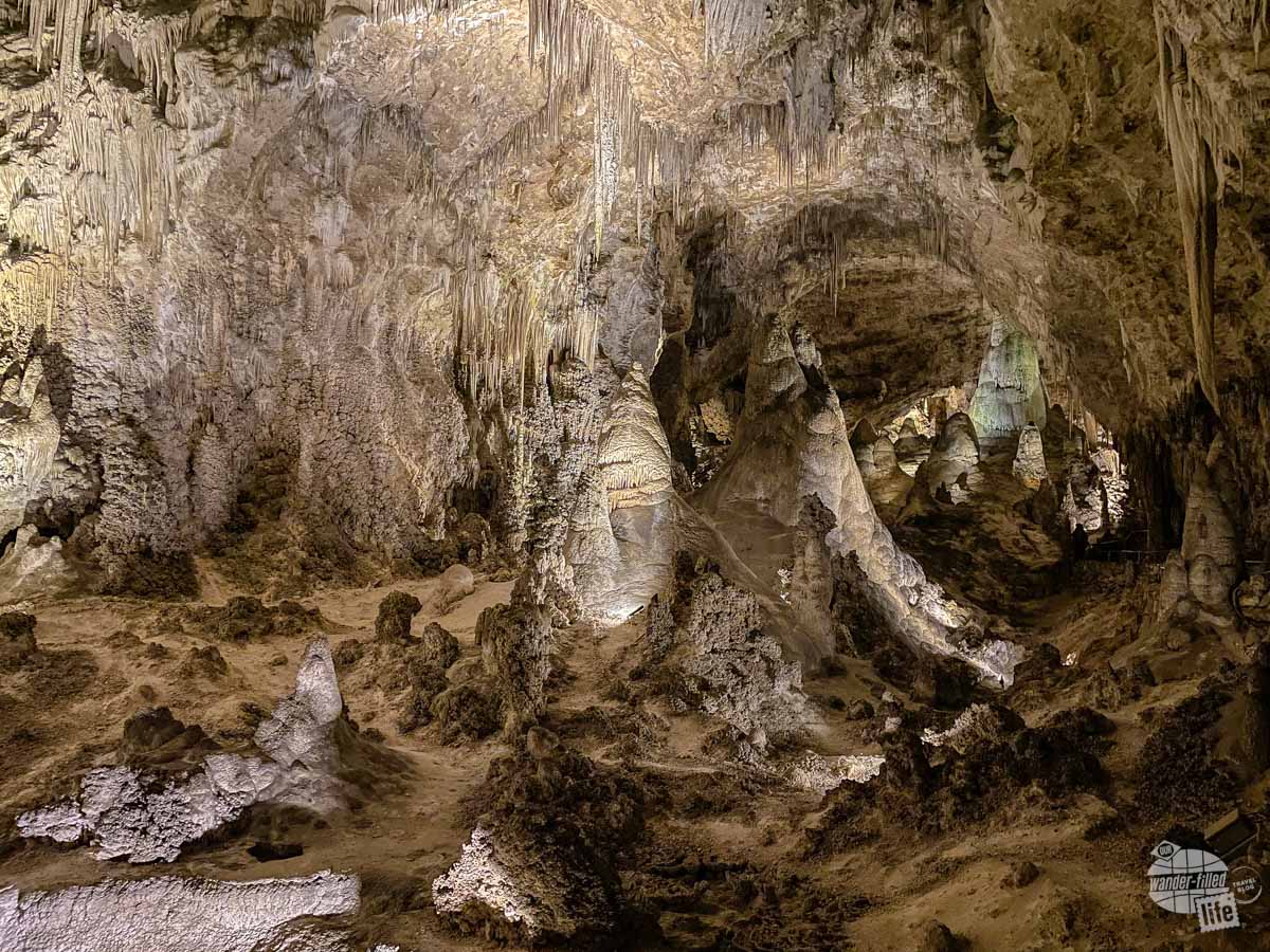 A variety of stalagmites and stalactites inside the cave.