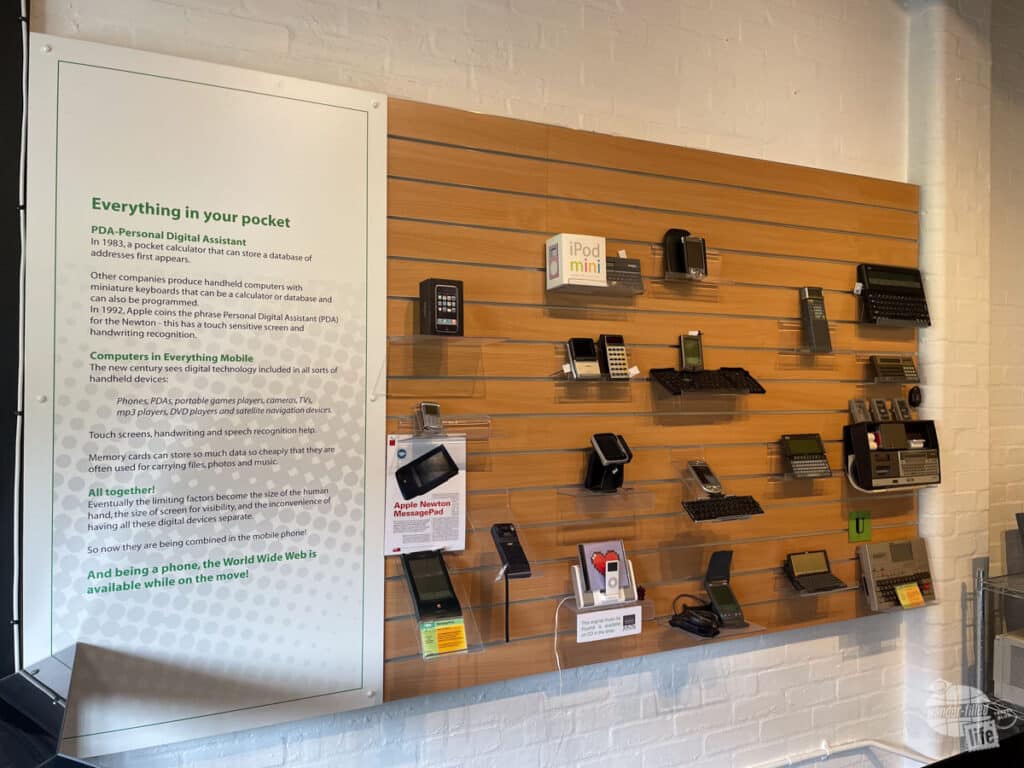 A museum exhibit on the evolution of the cell phone at the National Museum of Computing
