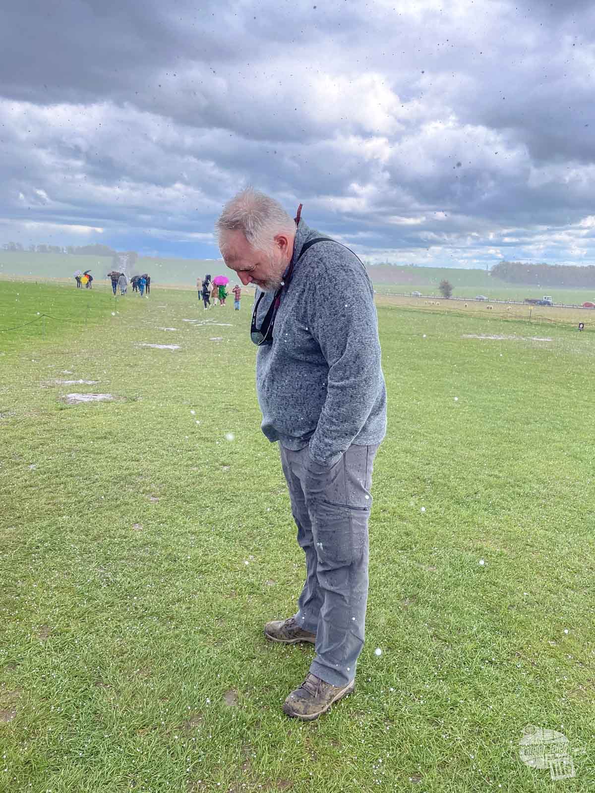 In the middle of a hail storm at Stonehenge.