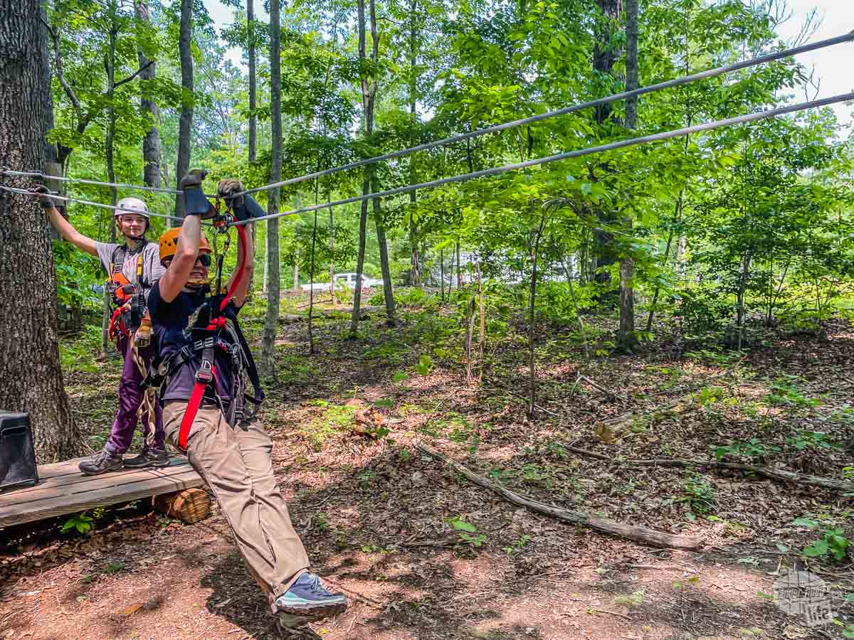 Learning how to zip line, one of the New River Gorge Adventures.