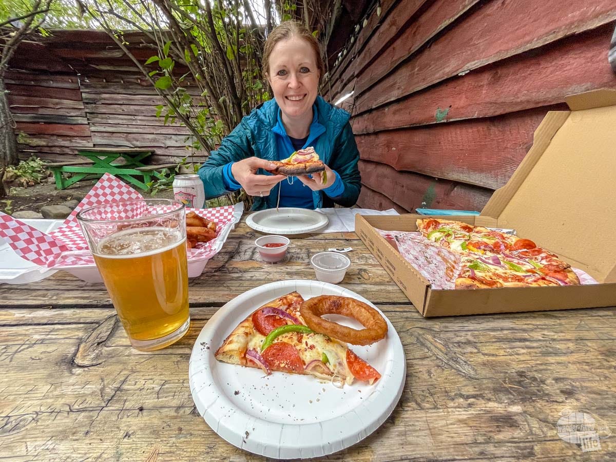Pizza and beer at Kips Beer Garden in Saint Mary, MT.