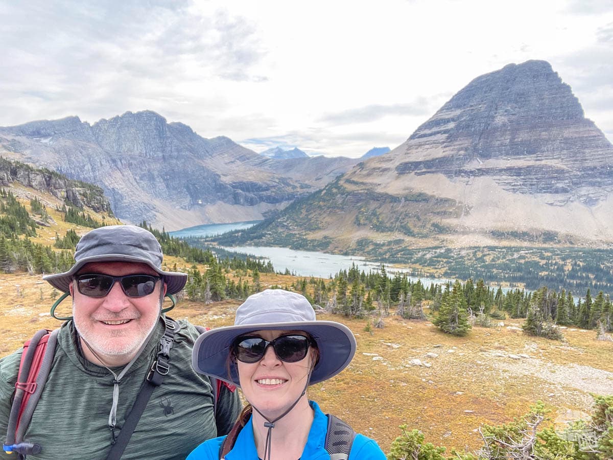 A selfie with Hidden Lake in Glacier National Park in the background.