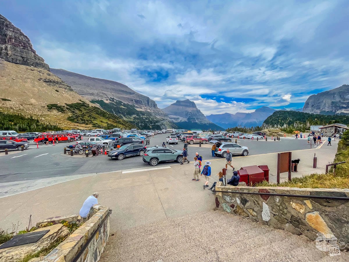 A crowded parking lot at Logan Pass in Glacier National Park