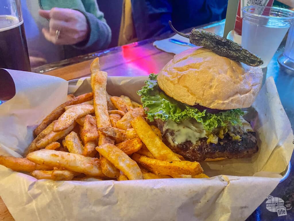 A basket of a hamburger with a side of french fries at The Buffalo Bar in West Yellowstone.