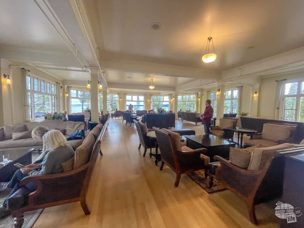 Chairs and sofas fill the lobby of the Lake Yellowstone Hotel.
