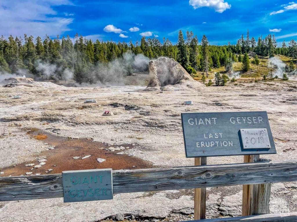Giant Geyser with a sign displaying the date of its late eruption on March 10, 2019.