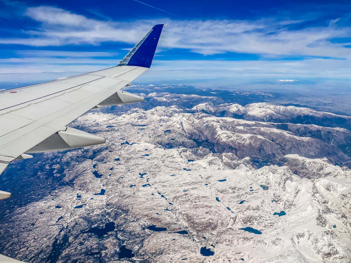 A view of the snow-covered Beartooth Range from a Delta flight.