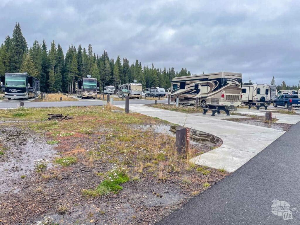 A paved pull-thru campsite.