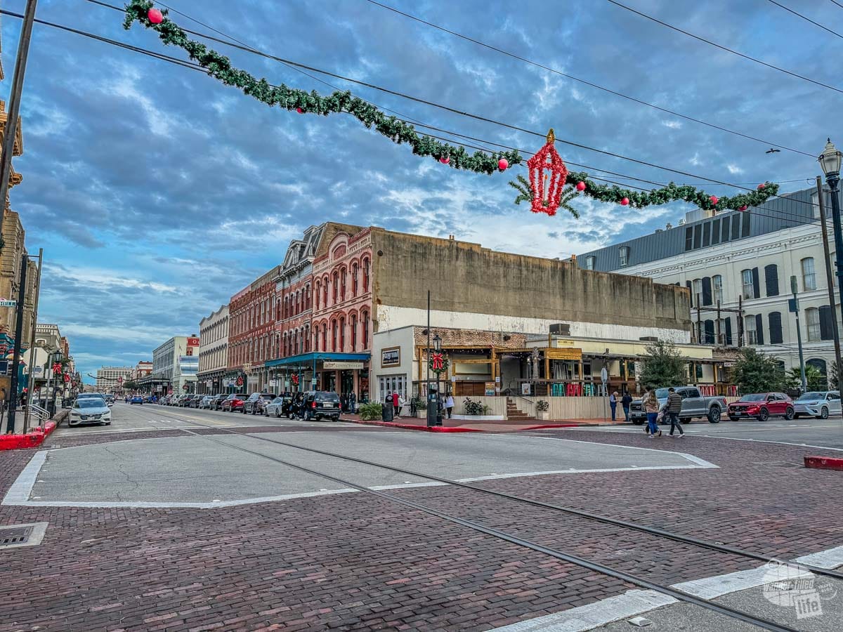 Christmas decorations in downtown Galveston.