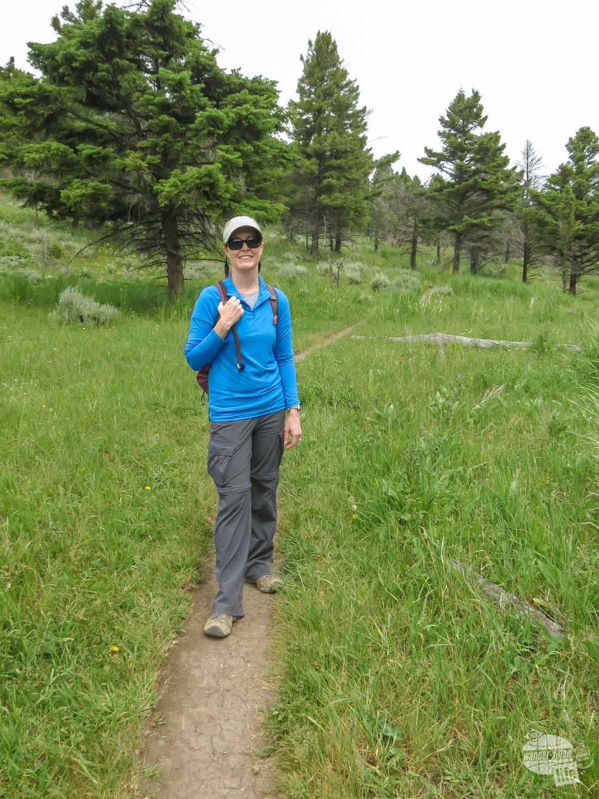 Bonnie standing on the Beaver Ponds Trail in Yellowstone National Park.
