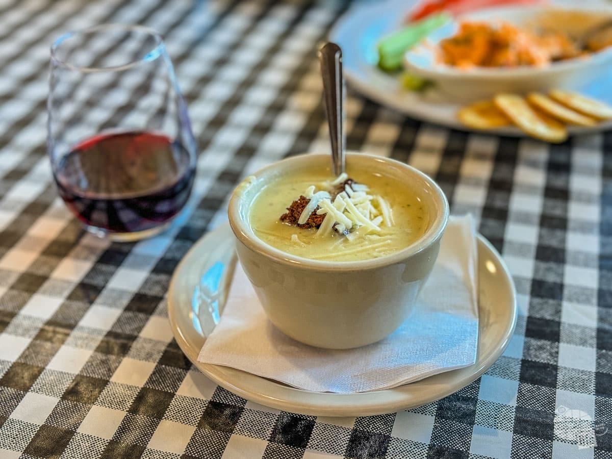 A cup of potato soup topped with cheese and a glass of red wine on a black and white plaid tablecloth. This was part of our lunch in Fredericksburg.