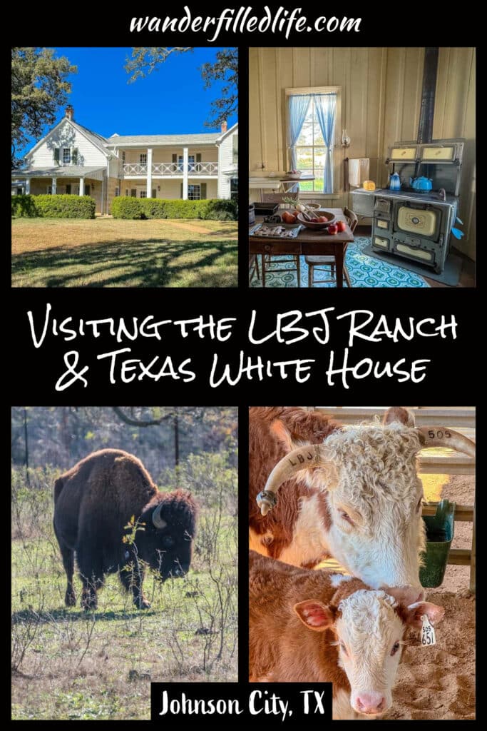 A collage of four photos with text overlay that can be pinned to Pinterest. The text reads "Visiting the LBJ Ranch and the Texas White House" in the middle, "wanderfilledlife.com" at the top and "Johnson City, TX" at the bottom. The images show a white mid-1900s house, a frontier kitchen, a lone bison and a cow with calf.