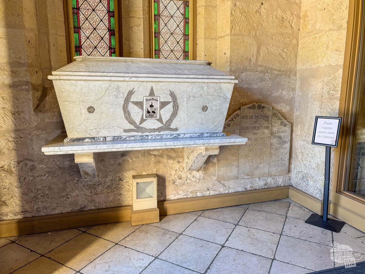 The casket of the Texas Heroes inside the San Fernando Cathedral in San Antonio.