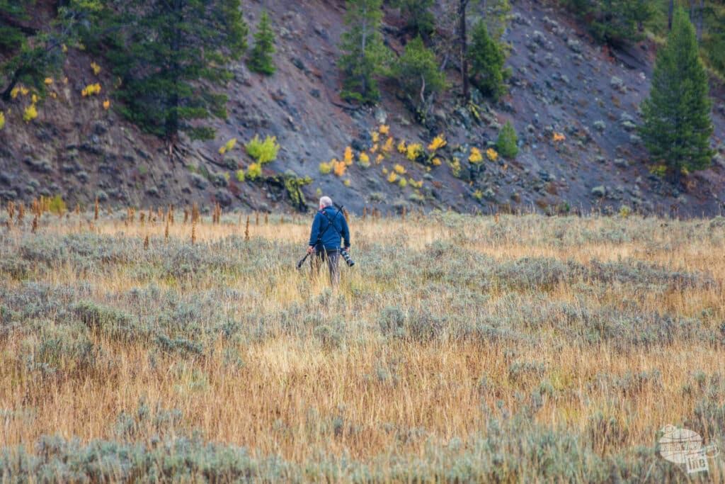 Grant walking out to the Yellowstone River to take pictures of a bald eagle nest in Yellowstone National Park's Hayden Valley.