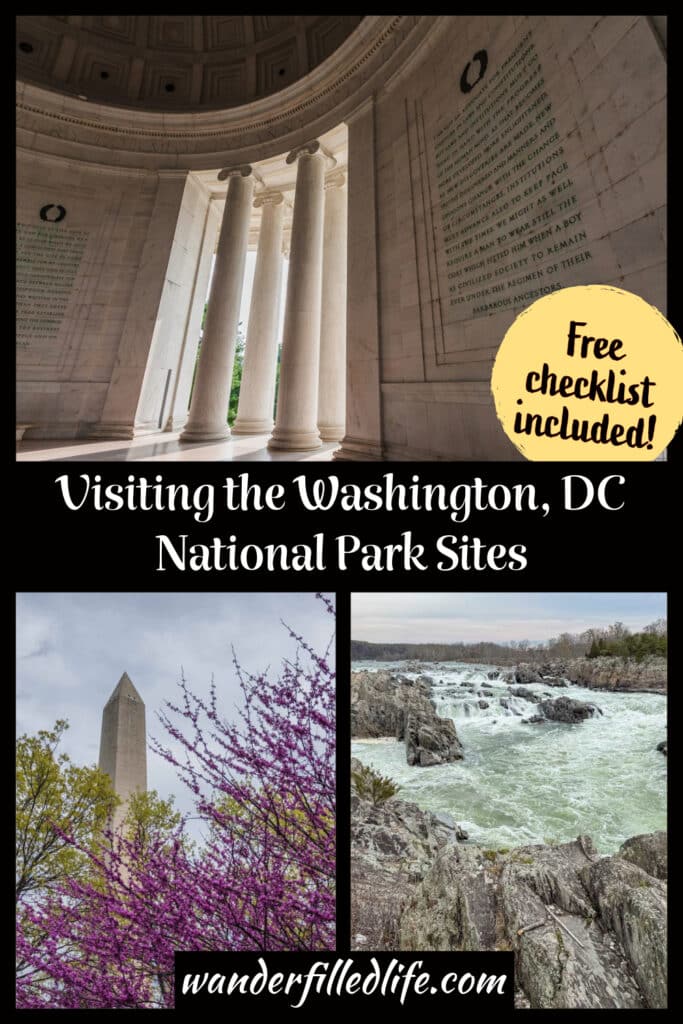 Photo collage with text overlay. Photo 1 shows the inside of the Jefferson Memorial with light shining through the columns. Photo 2 shows the top of the Washington Monument with purple leafed trees in front. Photo 3 shows water cascading through a rocky gorge. Text overlay reads Visiting the Washington, DC National Park Sites.