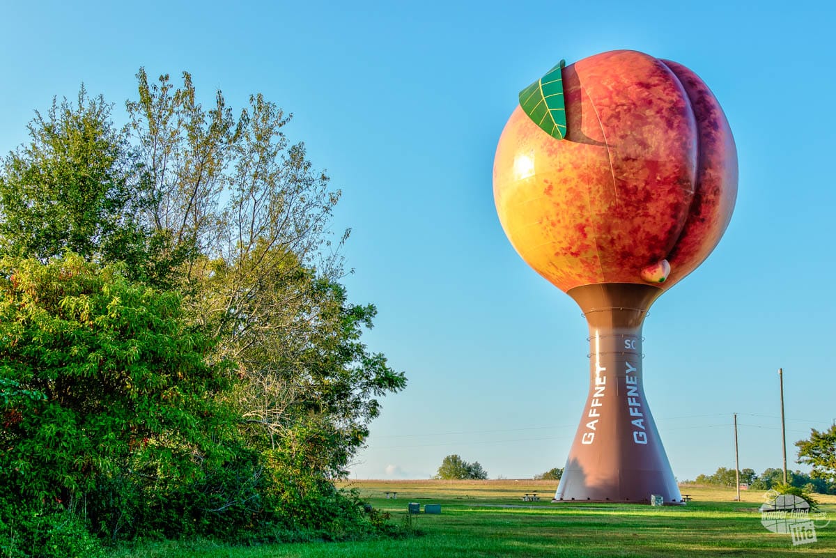 A large water tower shaped and painted like a giant peach.