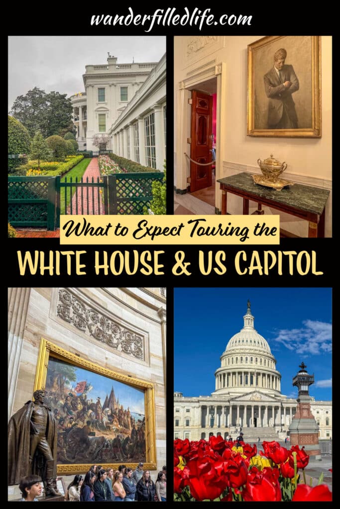 Photo collage with text overlay. Photo 1 shows the exterior of the White House. Photo 2 shows a table under a portrait of President Kennedy. Photo 3 shows a large photo with a statue in front. Photo 4 shows the domed Capitol building with red and yellow tulips in the foreground. Text reads What to Expect on Touring the White House & US Capitol.