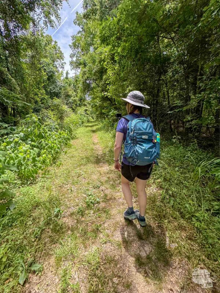 A woman walking on a flat trail through the trees.