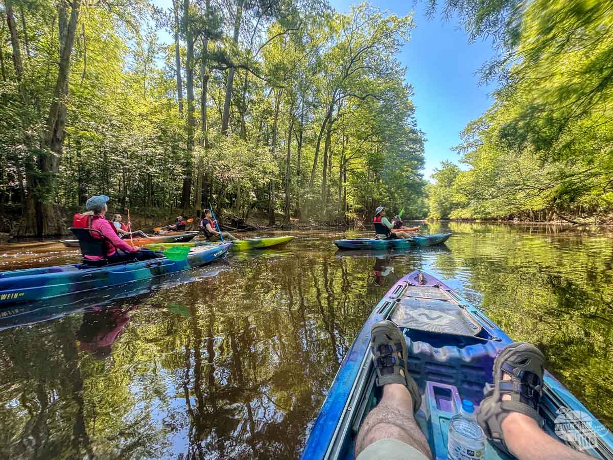 A point of view shot from a man sitting in a kayak. His feet are visible in the bottom of the shot, In the distance are two kayakers paddling a creek with trees on both sidees.