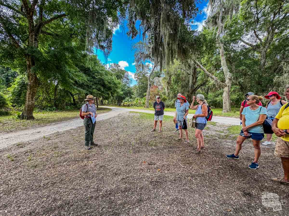 A ranger speaks to a group of tourists underneath a live oak tree beside a sandy road.