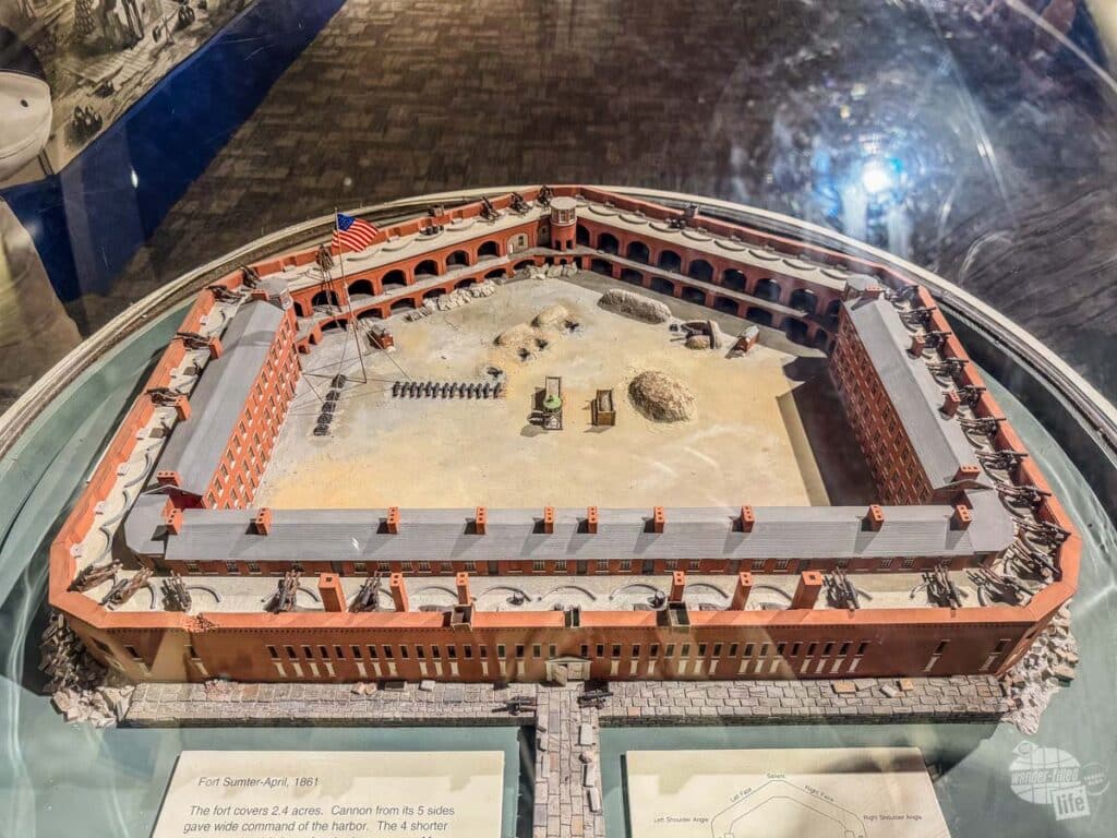 A scale model of Fort Sumter as it was at the beginning of the Civil War behind a plexiglass shield.